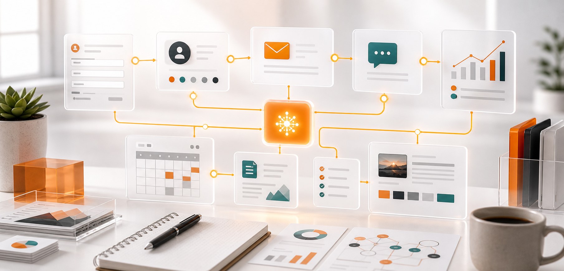 AI workflow automation network connecting intake CRM email messaging reporting and content modules