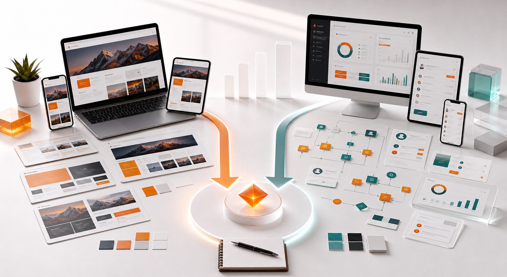 Decision workspace comparing responsive website mockups with app and portal workflow screens