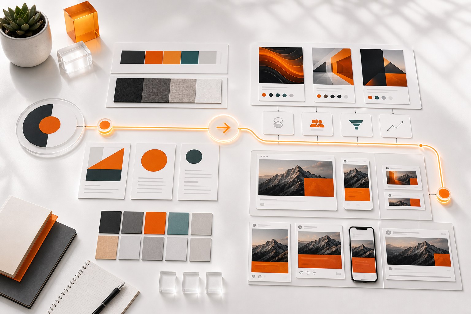 Brand strategy workspace connecting offer clarity and campaign creative planning