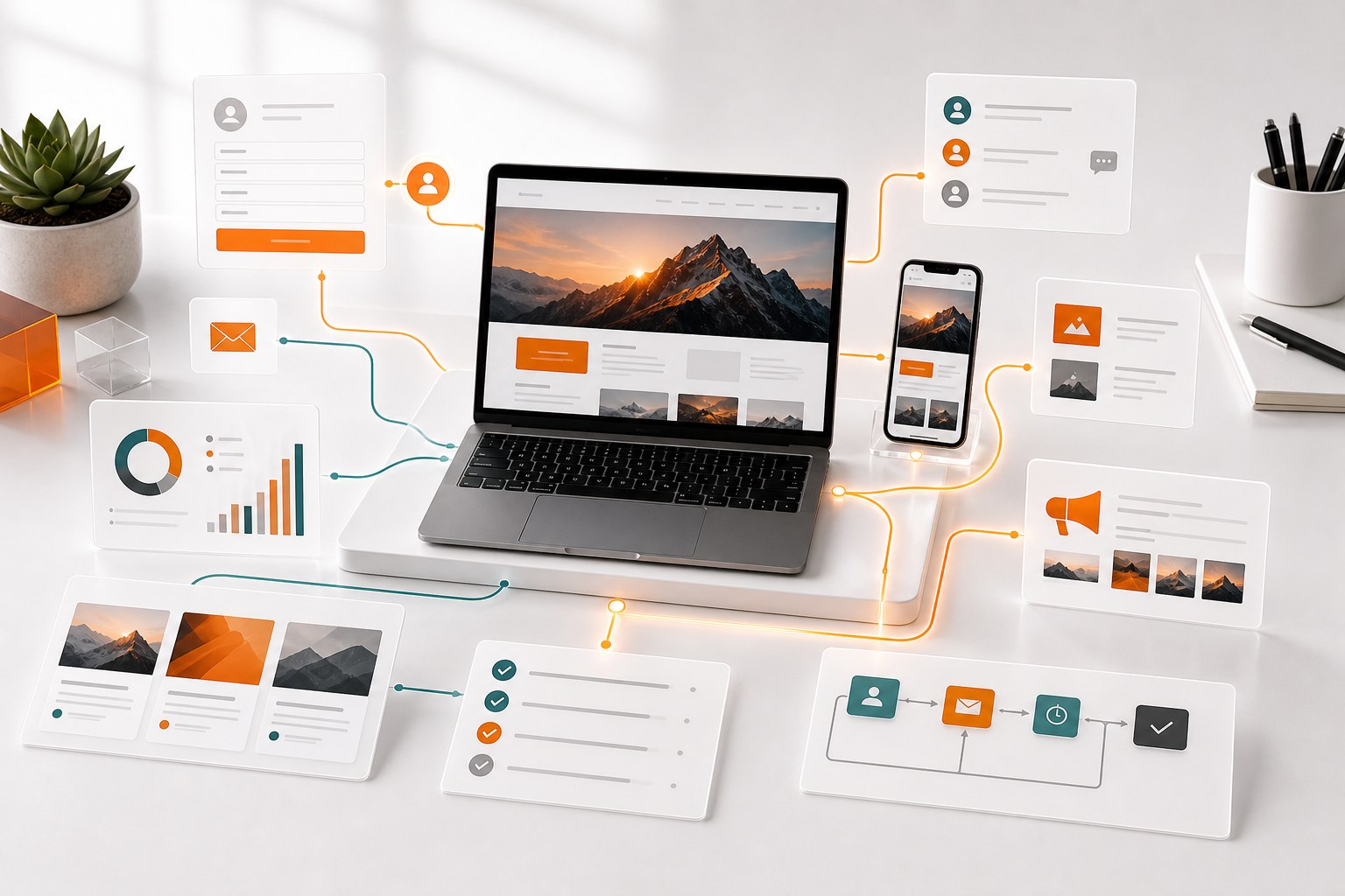 Connected website growth system linking page design analytics content CRM and lead follow-up