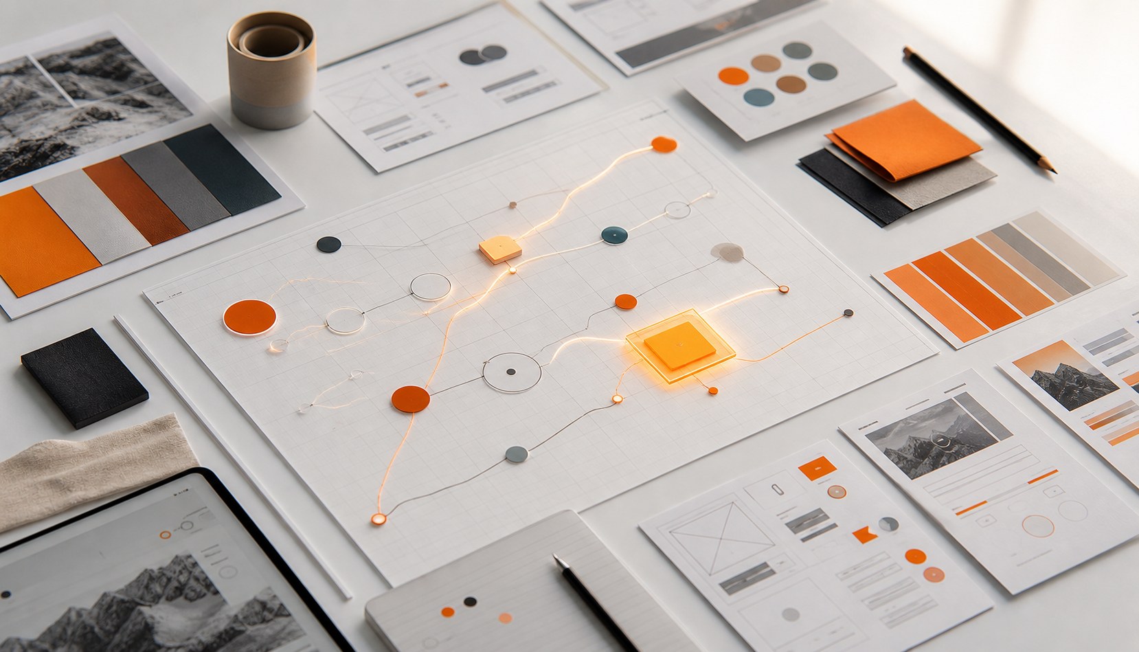 Collaborative strategy studio with brand, website, and campaign work in progress