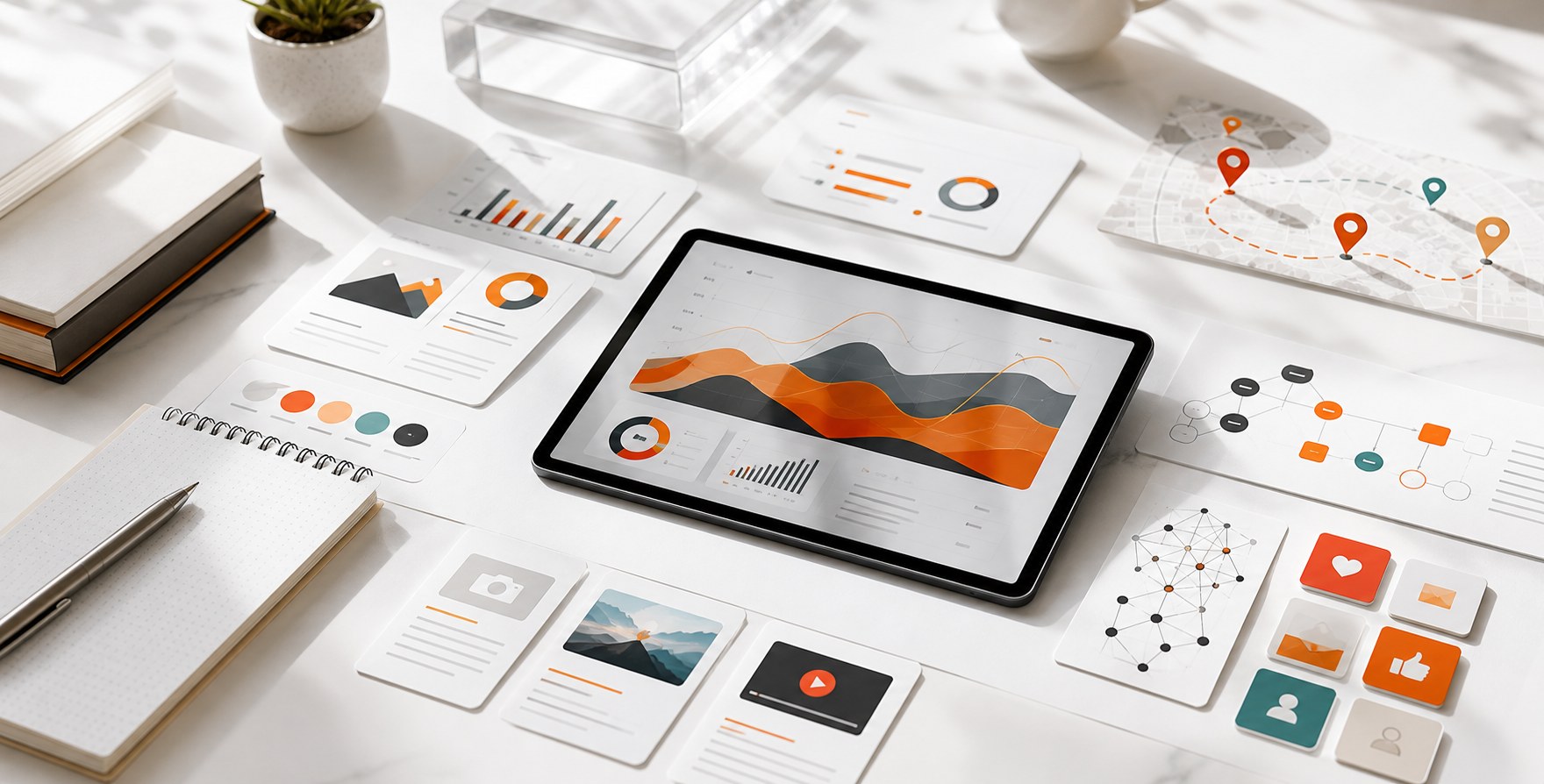 Bright editorial workspace for marketing insights website strategy SEO apps and automation content