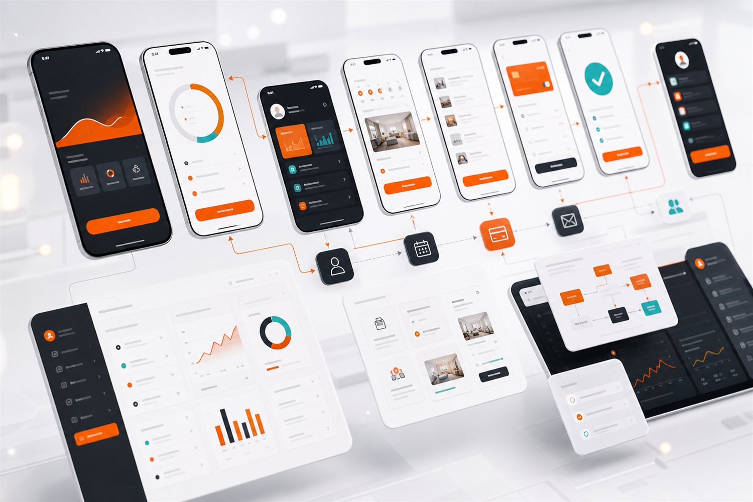 Floating mobile app prototypes connected through user workflow diagrams