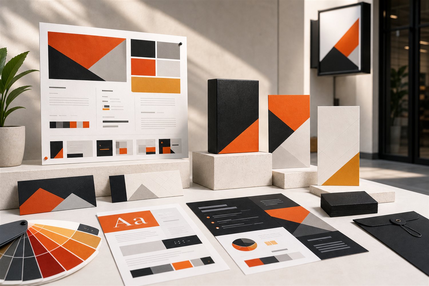 Brand identity materials with color swatches, typography, signage, and packaging concepts