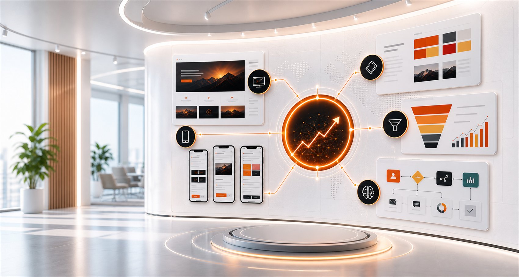 Command wall showing connected web, apps, branding, marketing, and AI growth systems