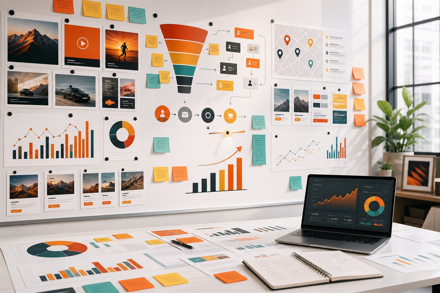 Marketing campaign wall with funnels and analytics planning materials
