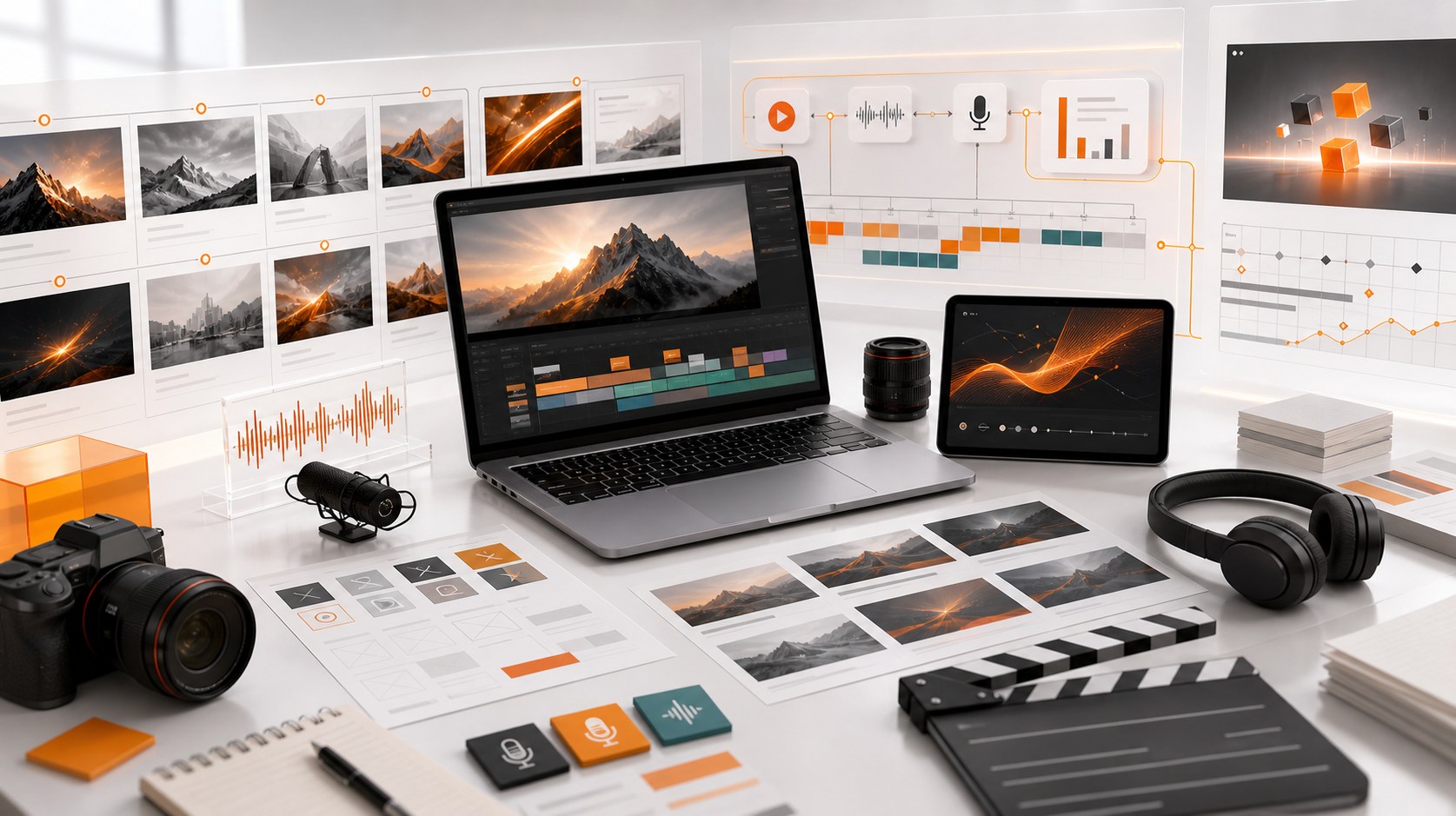 Bright video production strategy studio with storyboards editing timeline motion frames and campaign path