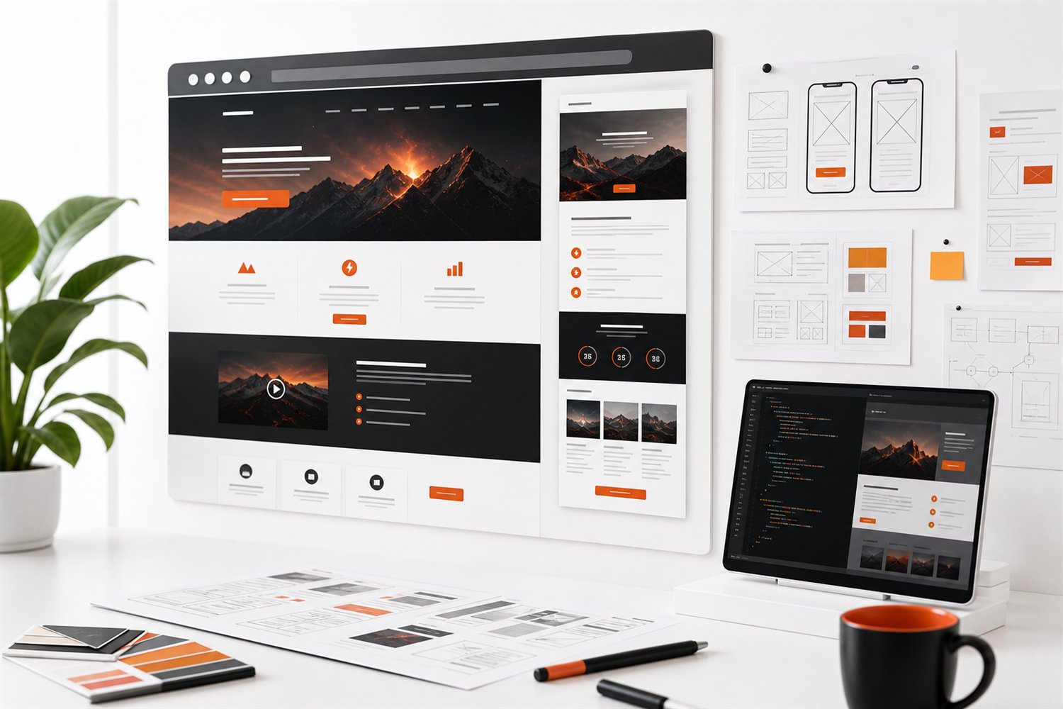 Website design wall and wireframes for web and app experiences